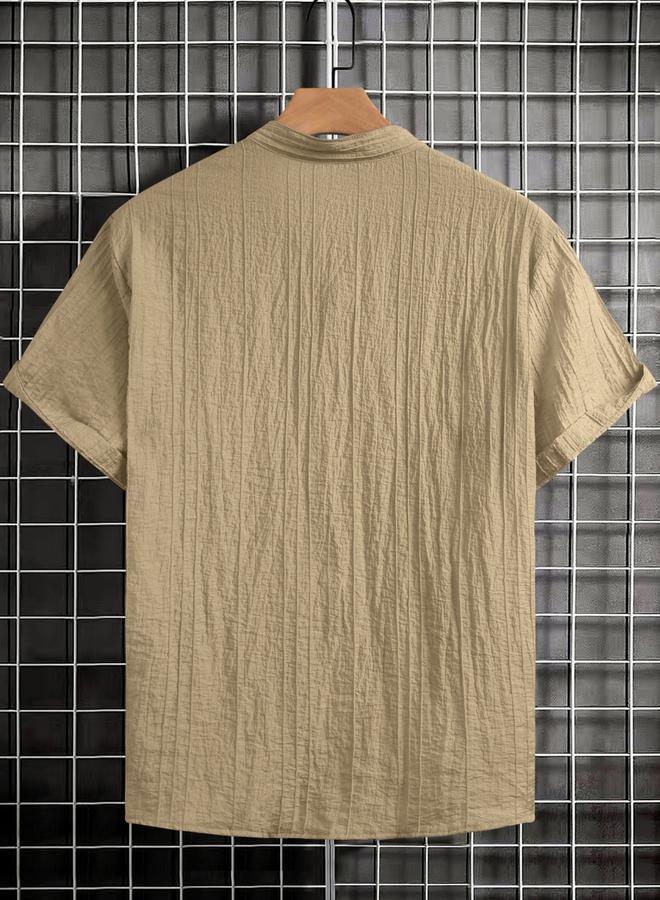 Take Two Men Beige Textured Mandarin Collar Shirt - Image 2